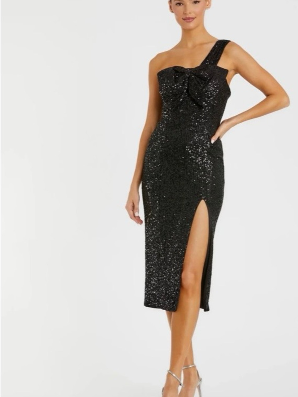 NWT Ieena Mac Duggal Black Sequin One-Shoulder Midi Dress 10
